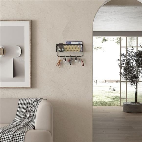 Entryway Mail Holder with Key Hooks,11.0"L×2.6" W×5.1"H,Wall Mounted Matte Black - Picture 3 of 6